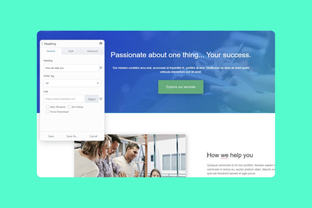 Beaver Builder being used to edit a homepage